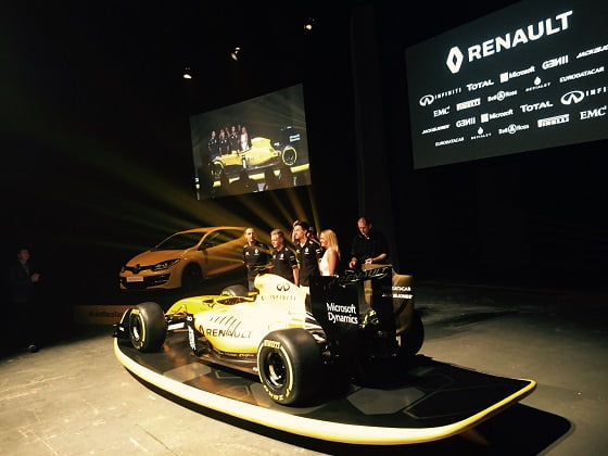 Champion drivers Kevin Magnussen and Jolyon Palmer and Australian pro surfer Ellie-Jean Coffey at the launch of Renault's new F1 racing colours in April.   